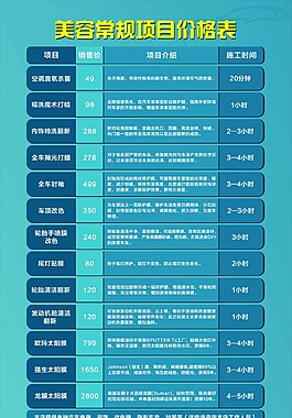 汽車美容價(jià)格表圖片